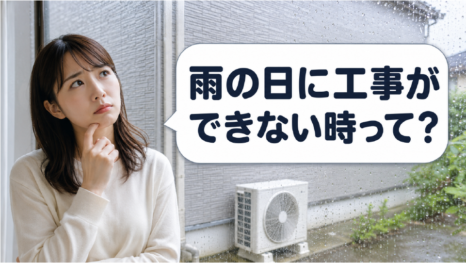 雨の日にエアコン工事が出来ない理由を考える女性の画像