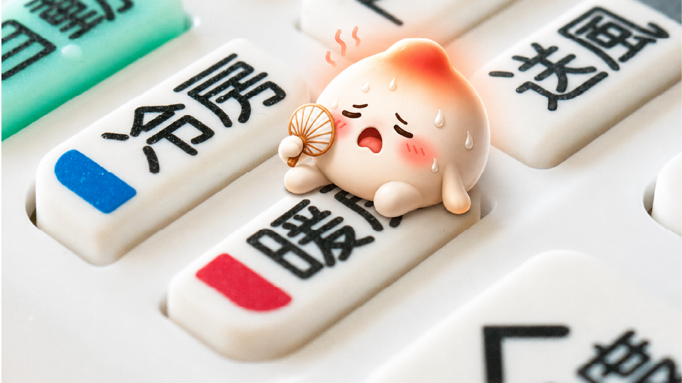 暖房ボタンの上で暑がっているキャラクター