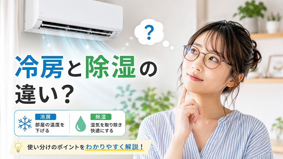冷房と除湿の違いを考える女性の画像
