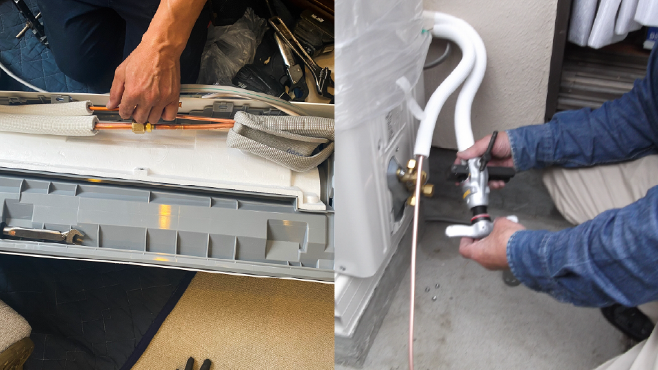 エアコン取り付け作業の手元の様子